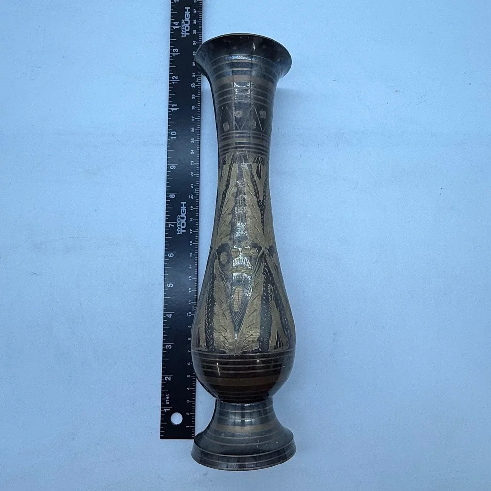 VTG Hand Etched‎ Brass Bud Vase Indian Floral Design Bronze Gold